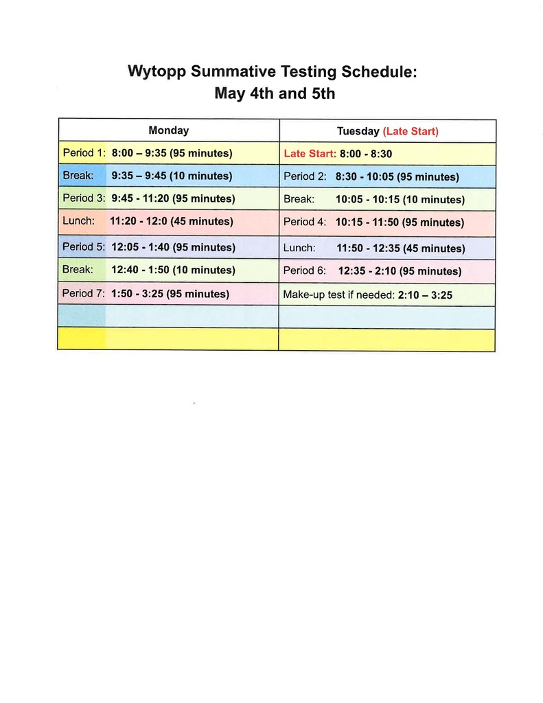WYTOPP TESTING SCHEDULE