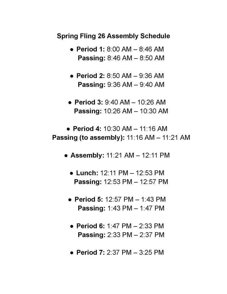 Spring Fling Assembly Schedule for BHS  MAY 6th