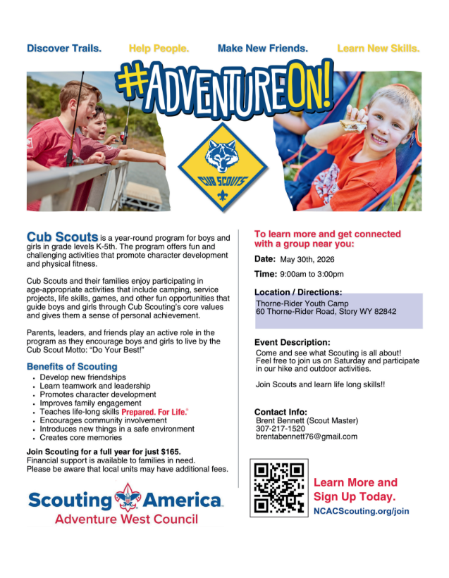 Cub Scouts Opportunity. Please see flyer for additional information!