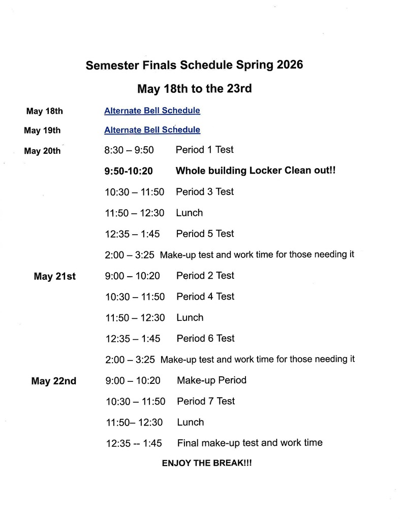 Semester Test Schedule