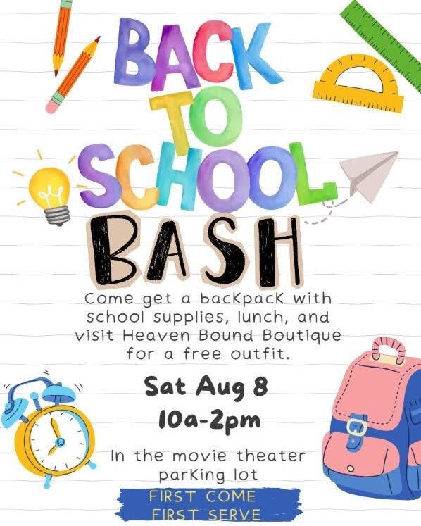 Colorful flyer for school supplies. On August eighth from 10 to 2pm. In the Buffalo Theater parking lot. First come first serve.