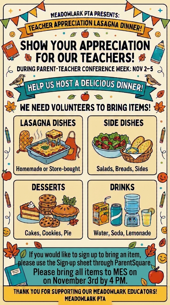 MES PTA  hosting Dinner sign-ups for Parent/ Teacher Conference week 