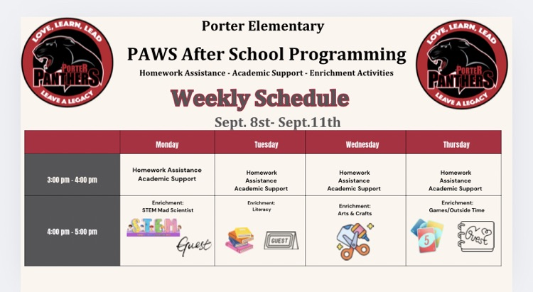 PAWS After School Weekly Schedule