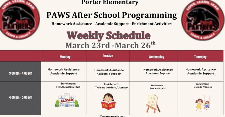 PAWS weekly schedule for March 23rd - March 26th 