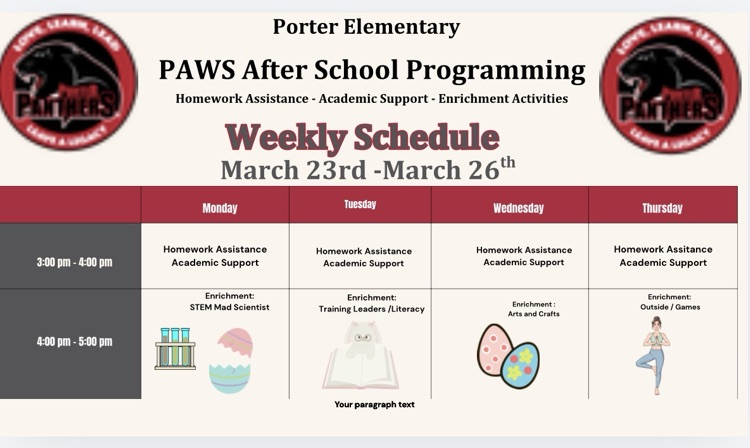 Paws Weekly Schedule for April 6-9