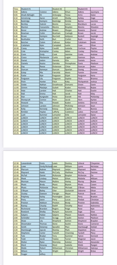 Senior Pic appointment list