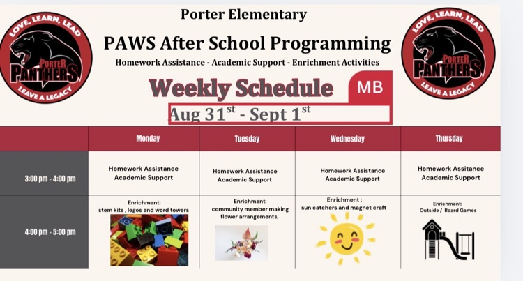Paws After school weekly schedule