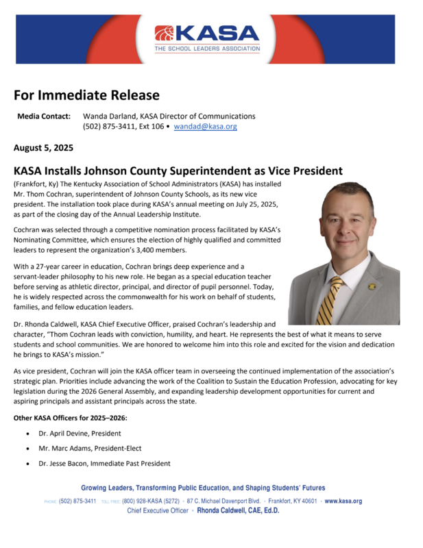 KASA Installs Johnson County Superintendent as Vice President