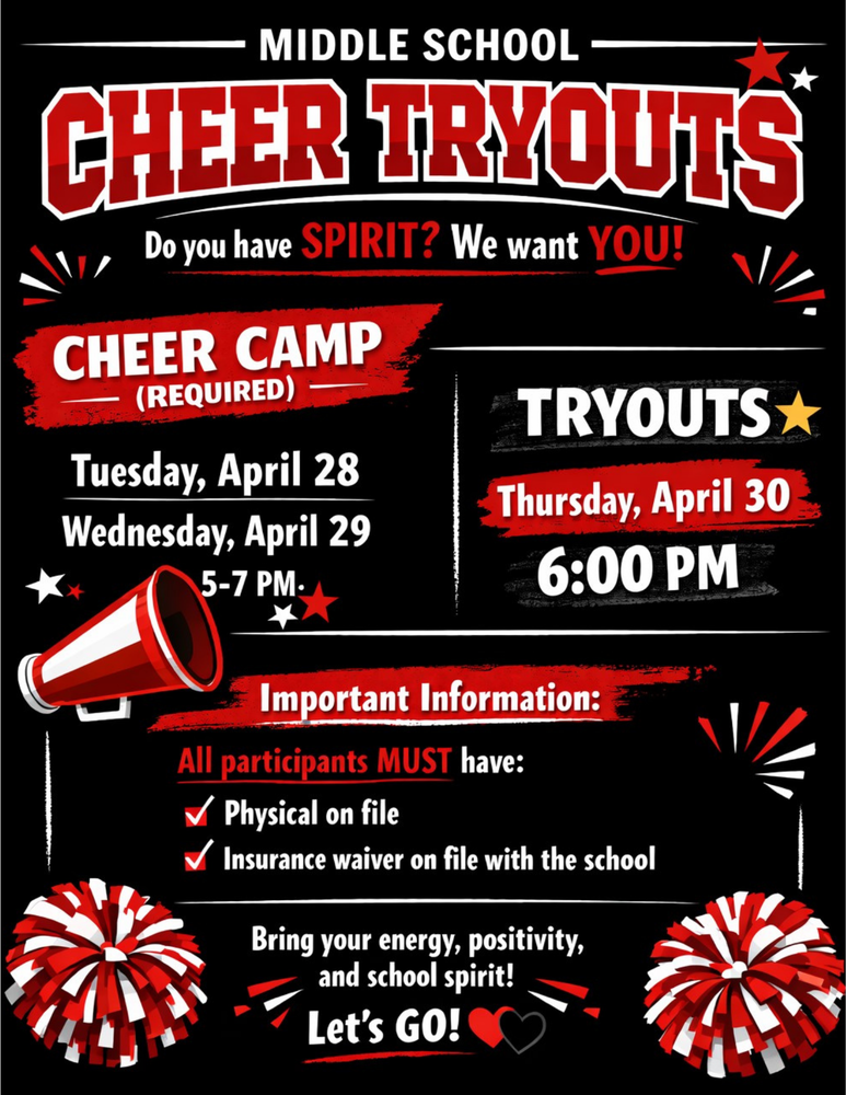 Cheer tryout information on a black background surrounded by red and white 