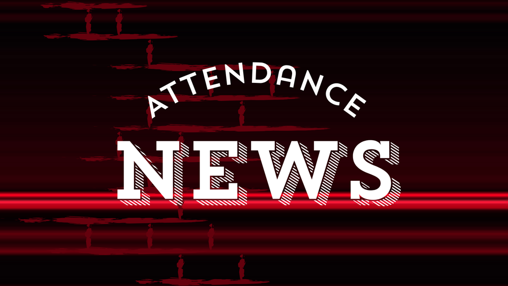 Attendance News in white with a red and black background with red brick outline