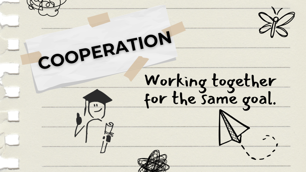 notebook page detailing the word of the month: cooperation, meaning working together for the same goal