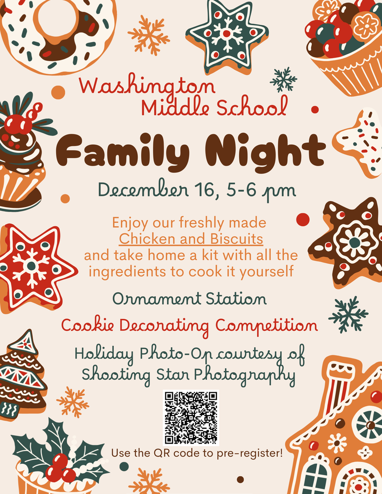 family night info on a tan background surrounded by holiday treats