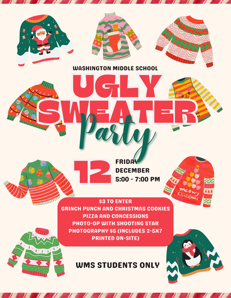 winter dance details surrounded by ugly sweaters