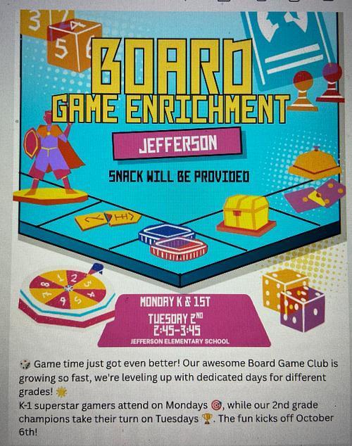 Board Game Enrichment at Jefferson 2025 flyer