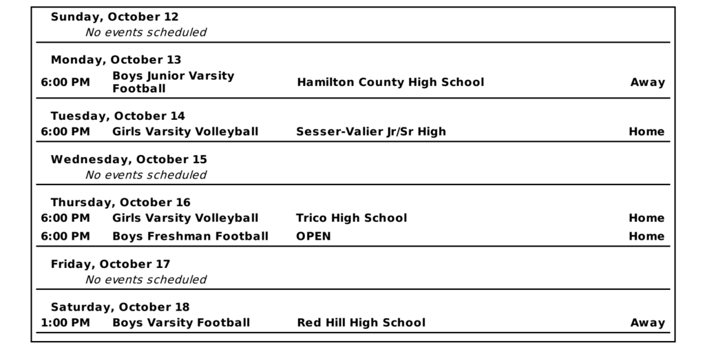 JCHS athletic schedule oct 13- october 18th 2025