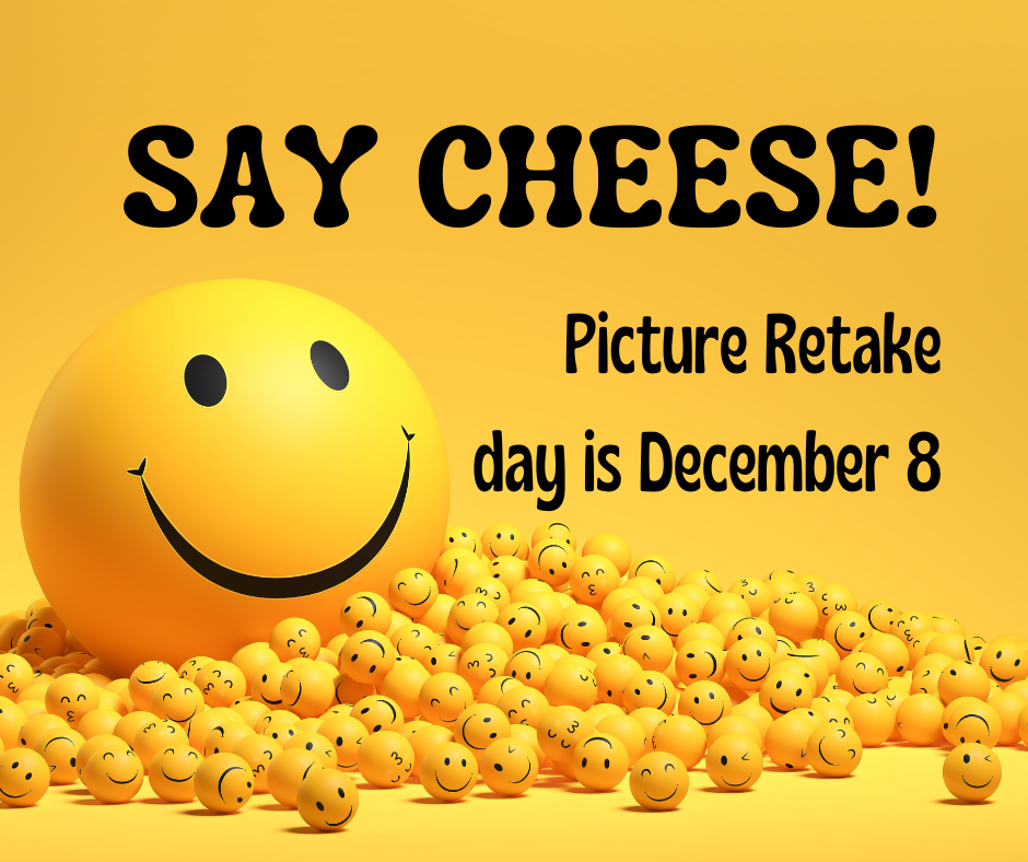 a large yellow smiley face surrounded by tiny yellow smiley faces, with the information regarding picture retake day