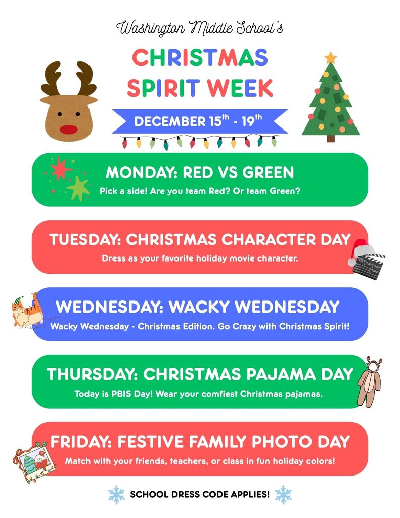 christmas spirit week dress up day info with bright christmas colors