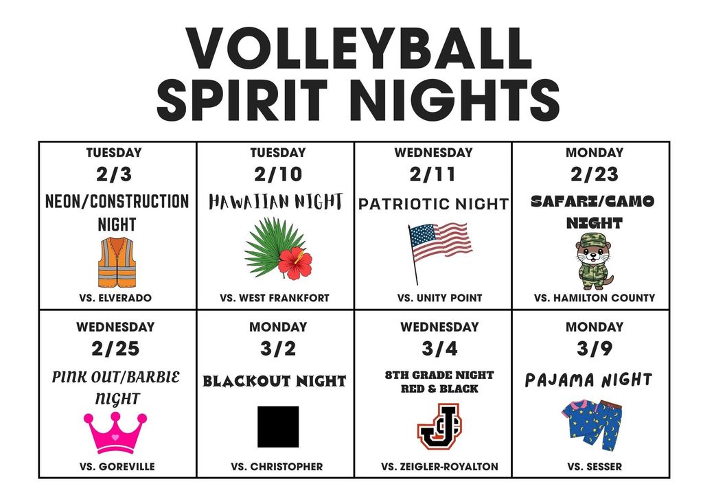 table of all 8 spirit nights
