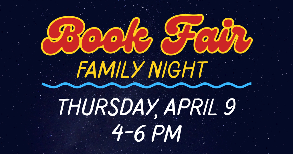 Book fair family night information on a star-filled background