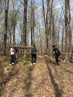 7th grade students hauling logs to build a shelter