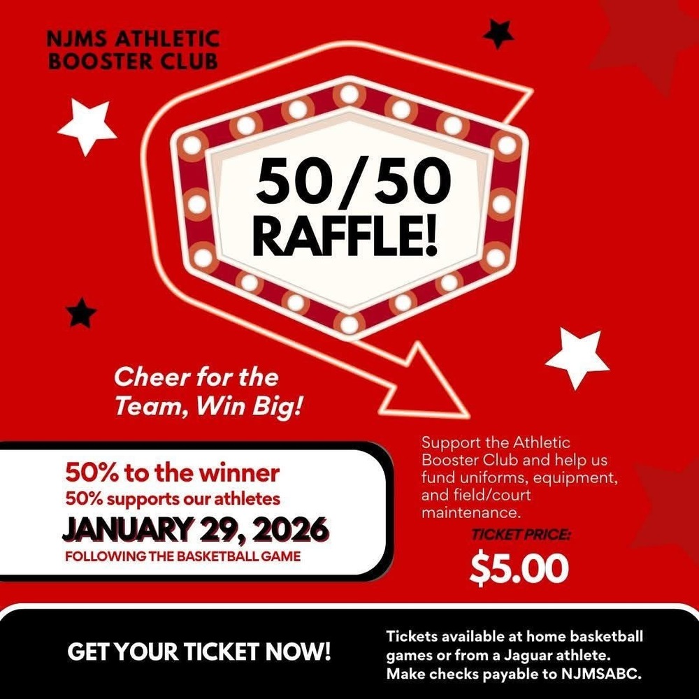 red background with title 50/50 raffle