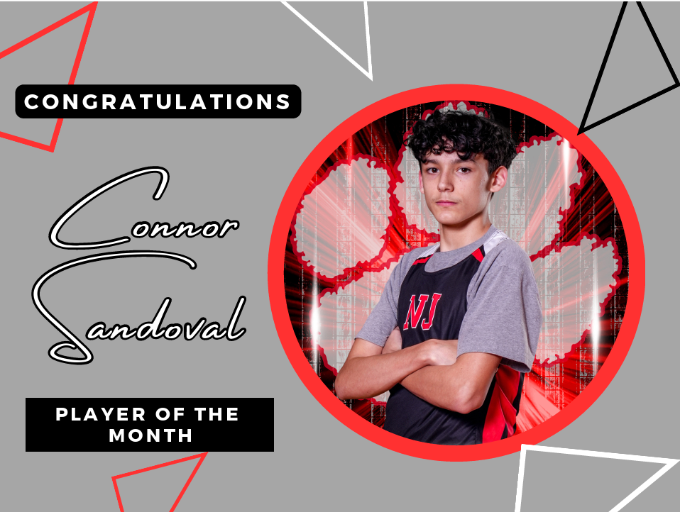 grey background with red white and black triangles with title congrats connor sandoval player of the month with red circle frame and picture of male track member 