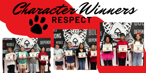 white background with red bubble stripe going across diagonal title character trait winners respect with a paw print and 3 group pictures of students holding certificates 