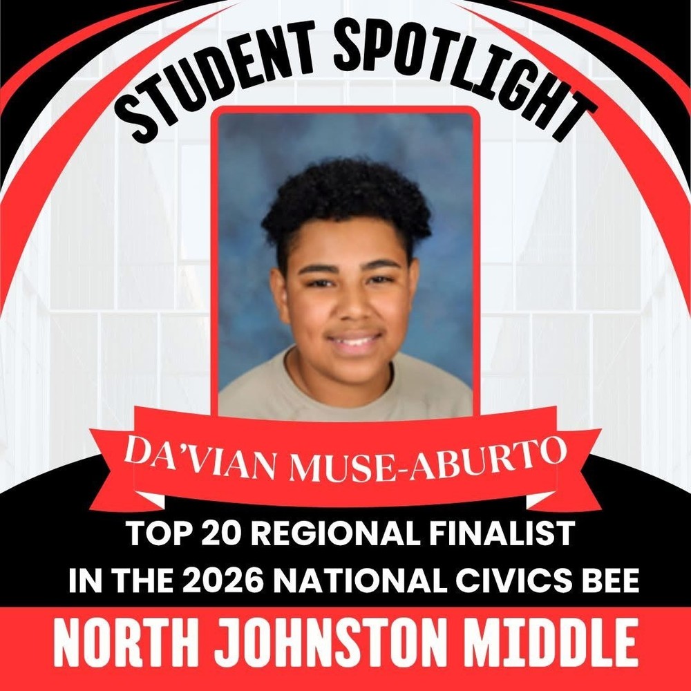 red white and black background with title student spotlight davian muse aburto top 20 regional finalaist in the 2026 national civics bee north johnston middle