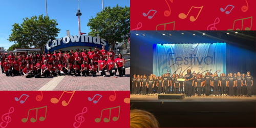 red background with colorful music notes and group picture of the band standing in front of the carowinds sign and the chorus standing on a stage
