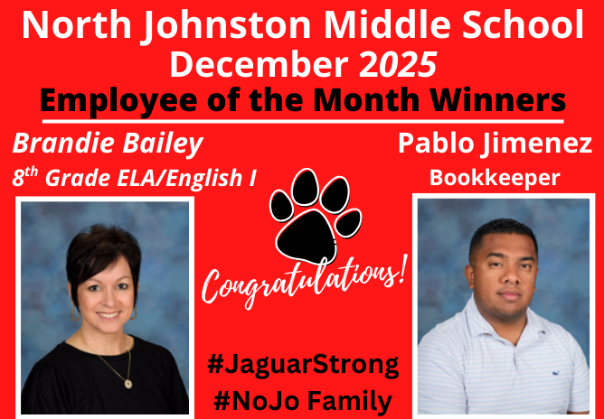 red background and title NJMS December 2025 employee of the month winners Brandie bailey and pablo jimenez and there is a picture of each of them