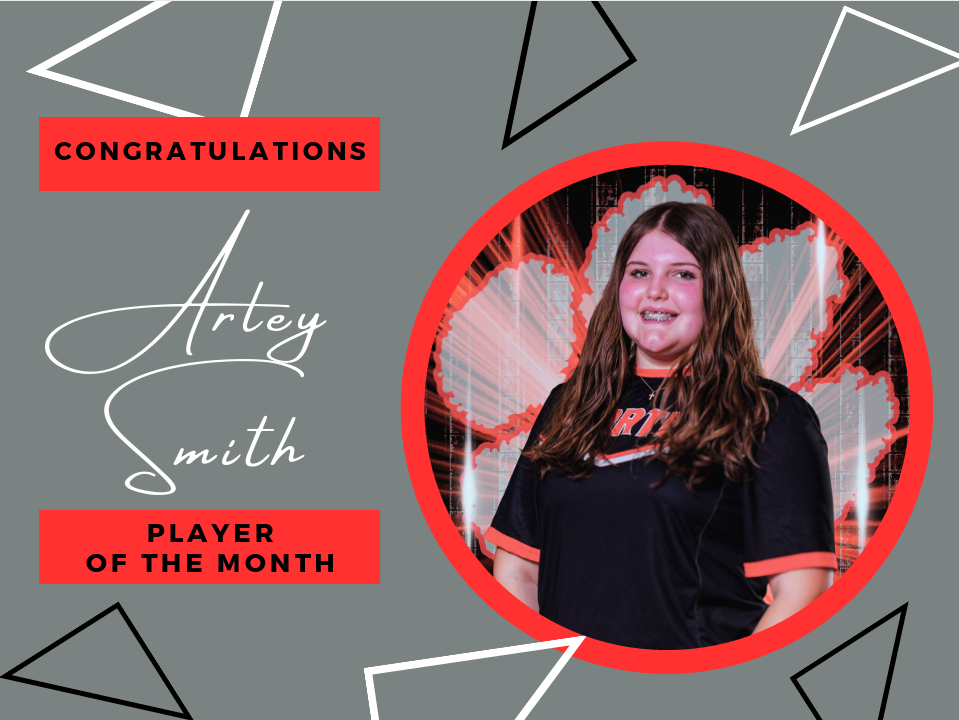 grey background with white and black triangles with title congrats arley smith player of the month red circle frame and picture of female track member 