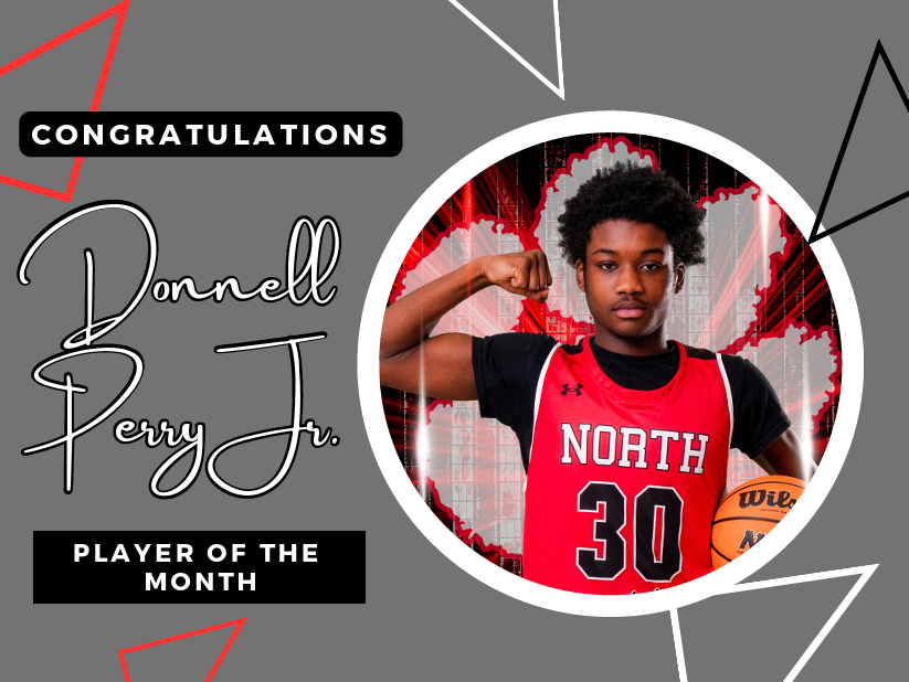 grey background with red black and white triangles with title congratulations donell perry jr player of the month picture of donell in a circle frame