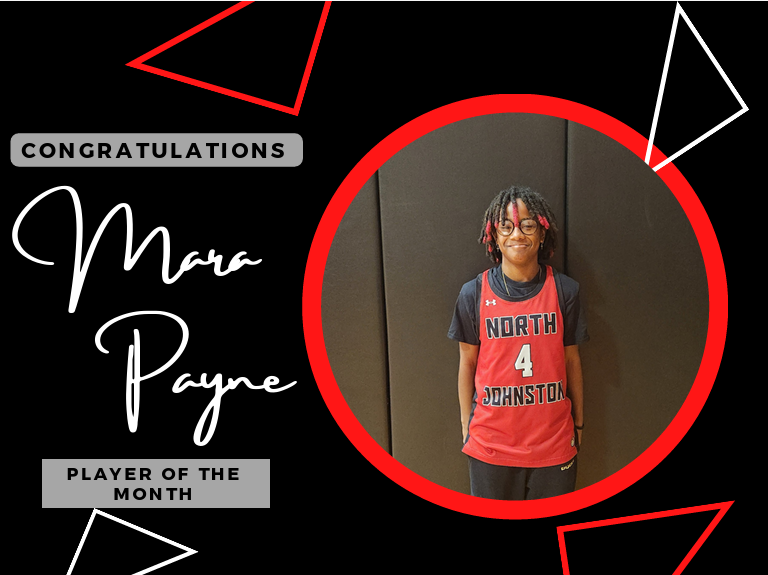 black background with red and white triangles with title congratulations Mara Payne player of the month and picture of mara in a red circle frame