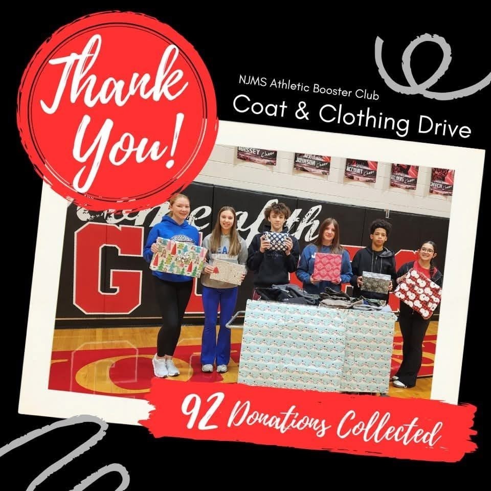black background with a red thank you stamp title njms athletic booster club coat and clothing drive 92 items collected and picture of athletes holding gifts