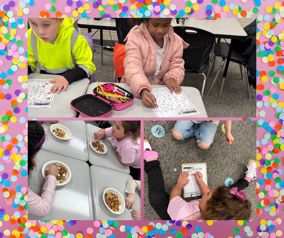 Students in first grade taking part in various activities for the 100th day of school.