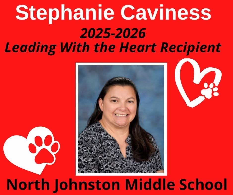 red background with title stephanie caviness 25-26 leading with the heart recipient njms wirth picture of caviness and hearts with paw prints