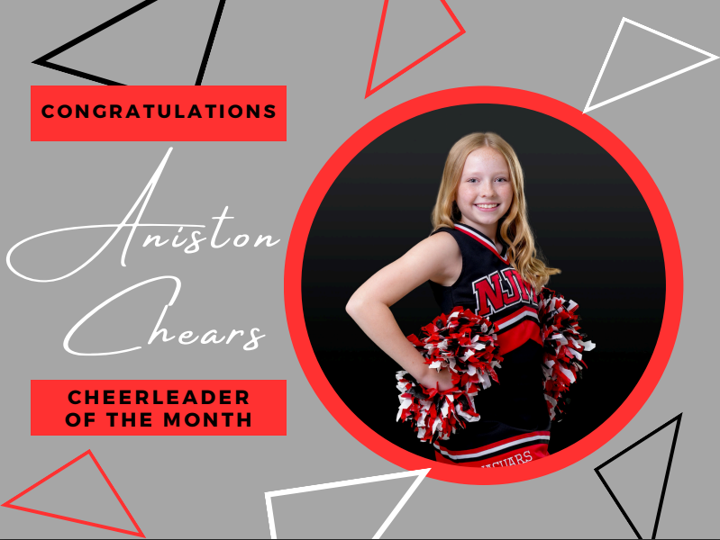 grey background with red and white and black triangles triangles with a picture of aniston chears and her name 