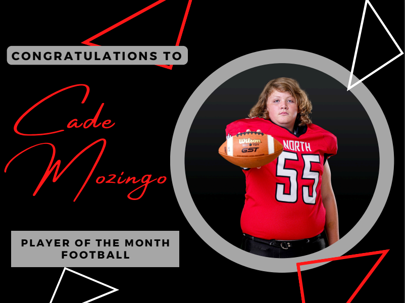 black background red and white triangles and a picture of cade mozingo and his name 