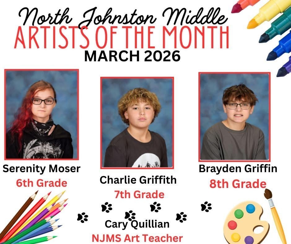 white background with markers color pencils and pain in the corners. Title njms artists of the month march 2026 and it has a picture of each student and their name