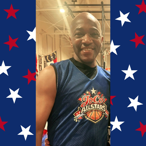 blue background with red and white stars with a picture of Johnny Price 