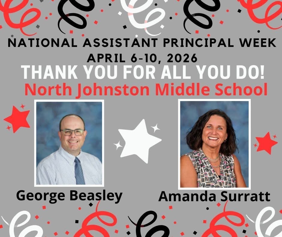 grey background with red white and black twirls and stars and title national ap week april 6-10 2026 thank you for all you dfo NJMS george beasley and his picture and amanda surratt and her picture