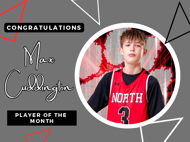 grey background with red white and black triangles with the title congratualtions Max Cuddington player of the month and picture of Max cuddignton in a circle frame
