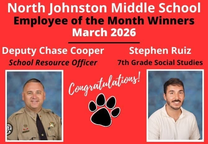 red background with title njms employee of the month winners deputy chase cooper sro and stephen ruiz 7th grade social studies and pictures of those staff members 