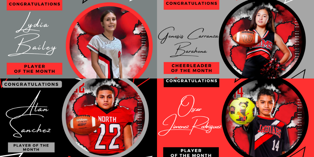 a collage with 4 pictures of student athletes from volleyball, cheer, football, and soccer
