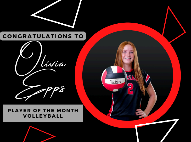 black background with red and white triangles with a picture of olivia epps and her name 