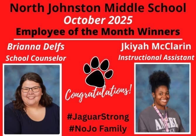 red background title NJMS October 2025 Employee of the Month winners and picture of brianna delfs school counselor Jkiyah McClarin Instructional assistant 