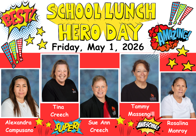 hero theme background with the pictures of each of the cafeteria staff and title school lunch hero day 