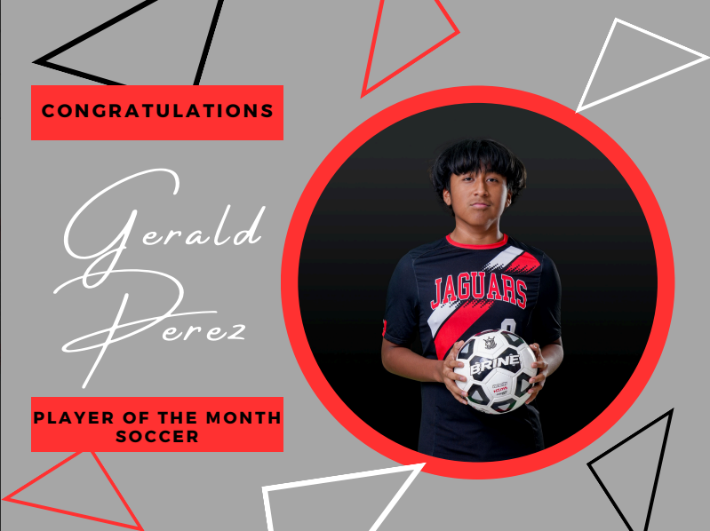 grey background with red and white and black triangles with a picture of gerald perez and his name 