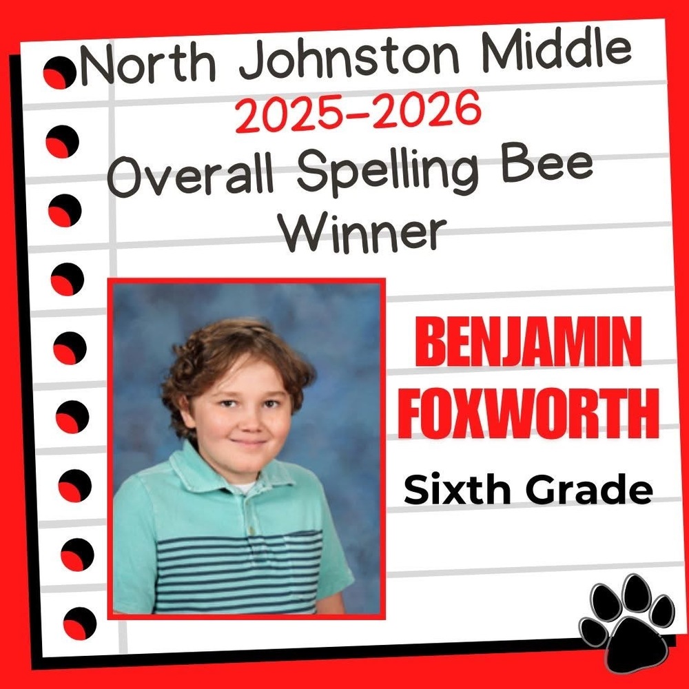red background with notebook paper picture of student and title spelling bee winner