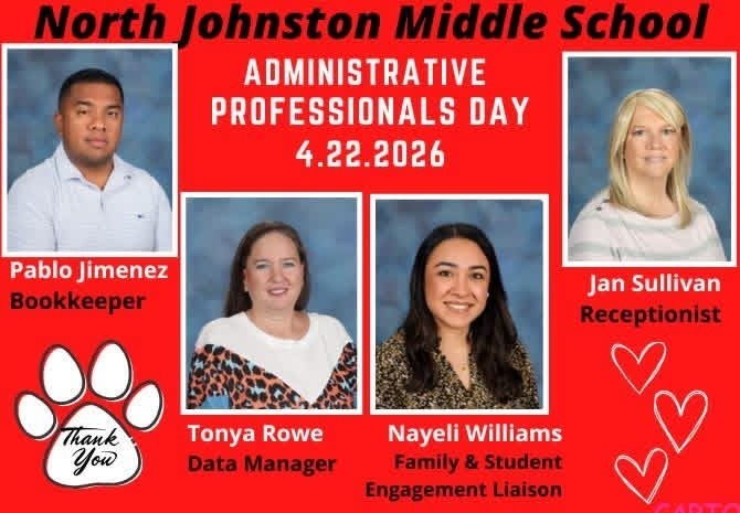 red background title njms administrative professionals day 4-22-2026 and pictures of each staff member from the office and their names and titles 